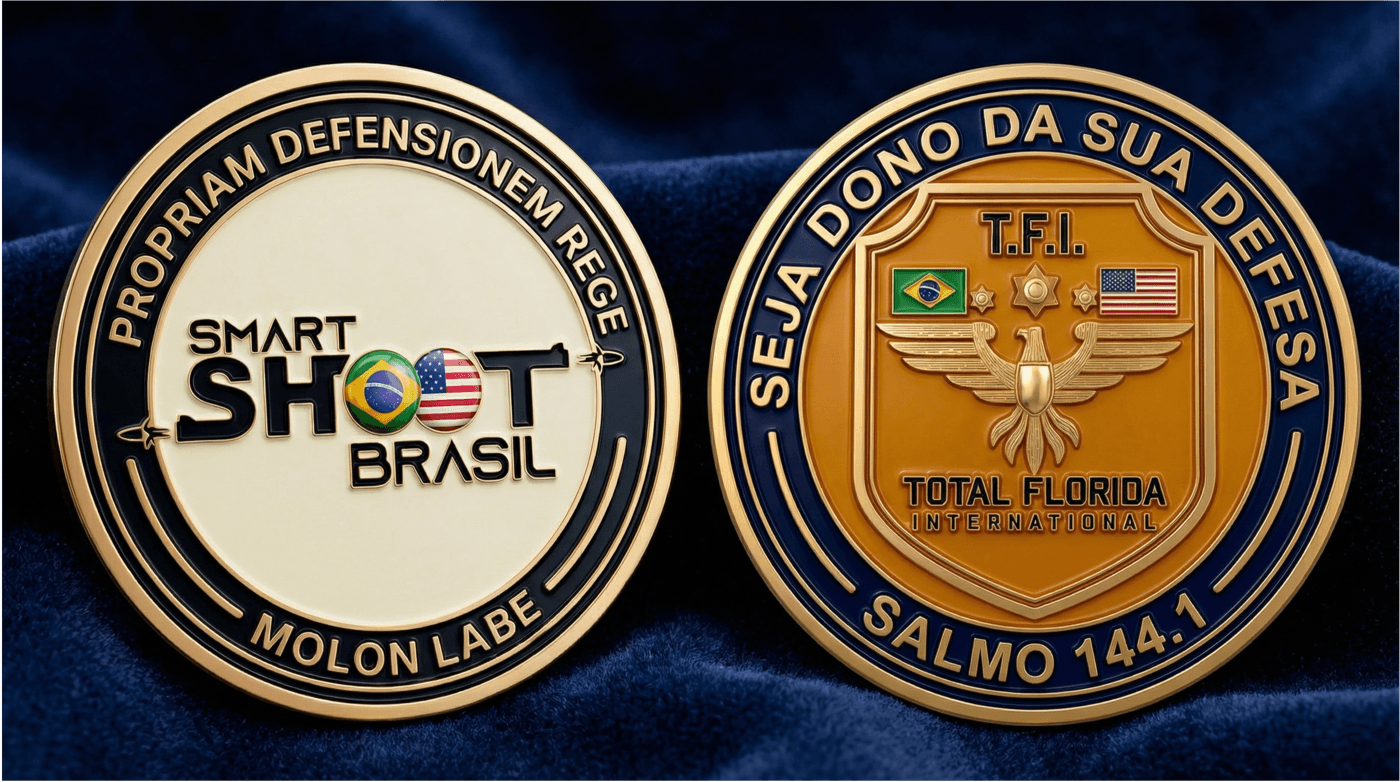 Challenge coin da Smart Shoot Brasil e da TFI: Propriam Defensionem Rege, Molon Labe, Seja dono da sua defesa, Salmo 144.1
